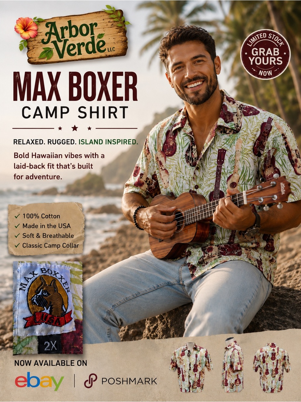 Max Boxer Men 2X Button Down Cotton Guitar Shirt 1 pocket